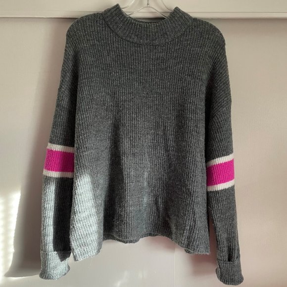 Anthropologie Gray Crewneck Sweater with Pink Sleeve Stripes - Picture 2 of 11